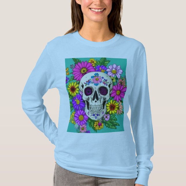 Fyrfärgat skalle med blommor T-Shirt (Framsida)