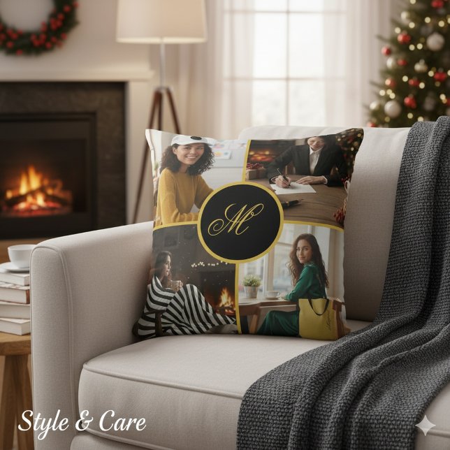 Fyrfoto Personlig Monogram Anpassad Kudde (Four Photo Personalized Monogram Custom Throw Pillow)