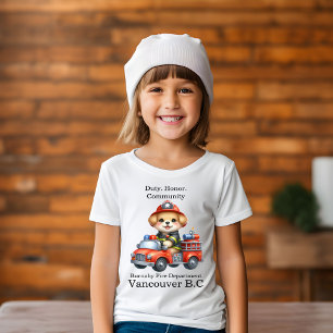 Fyrkamper för grumlig valp på en ljusröd lastbil t shirt
