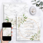 Fyrkantig Blommigt Geometric Marble Bröllop Inbjudningar<br><div class="desc">Modern och trendiget, den här inbjudan till bröllopsbröllop har en fin koppargeometri som är förskönad med vit ros, över en faux vit marmor struktur. Parets namn och några bröllop-detaljer finns i ett motsvarande kopparfärg. Kortets baksida har den vita marmor struktur, som är dekorerad med en vit ros-arrangemang. Copyright Elegant Inbjudan....</div>