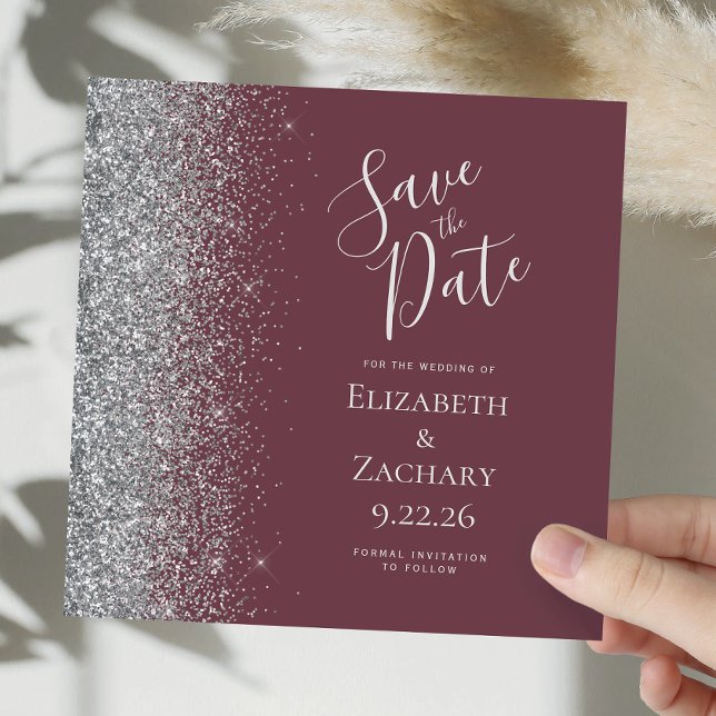 Fyrkantig Burgundy Silver Glitter Save the Date Meddelande (Skapare uppladdad)
