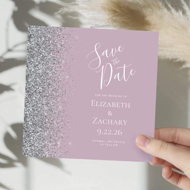 Fyrkantig dammig lila silverglitter Save the Date Meddelande (Skapare uppladdad)