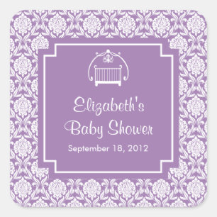 Fyrkantig etikett för lila Damask Crib Baby Shower