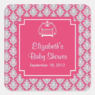 Fyrkantig etikett för rosa Damask Crib Baby Shower