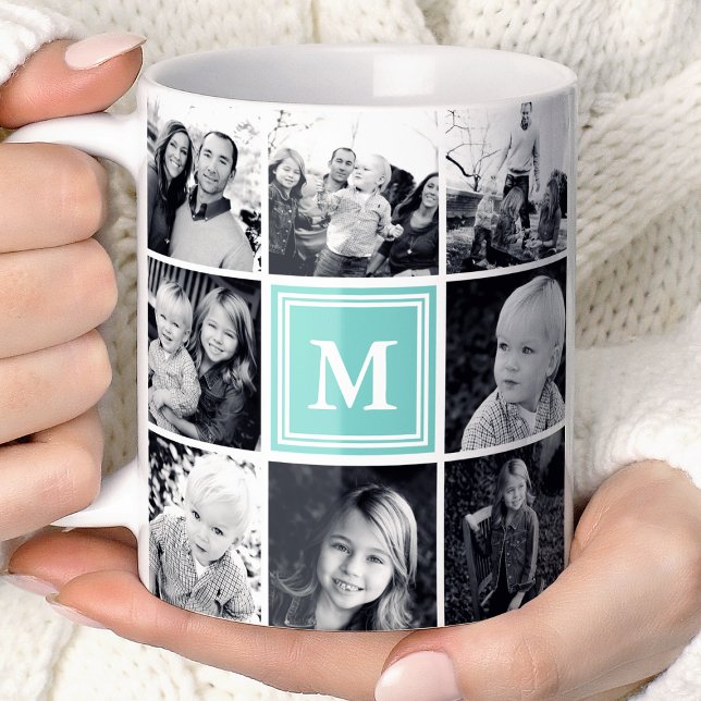 Fyrkantig fotokollage Teal Monogram Anpassad Kaffemugg (Skapare uppladdad)