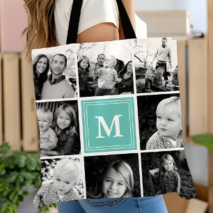 Fyrkantig fotokollage Teal Monogram Anpassad Tygkasse