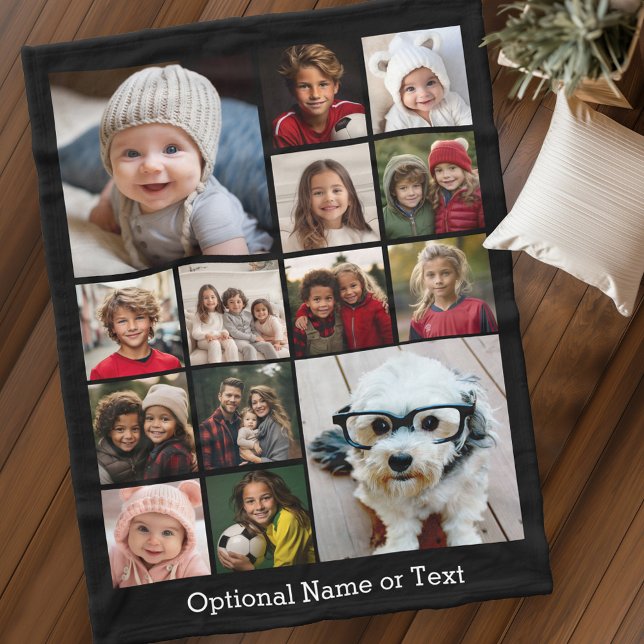 Fyrkantig fotokollage - upp till 14 bilder svart fleecefilt (A fun photo collage blanket with up to 14 photos)