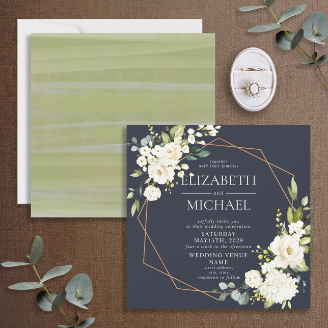 Fyrkantig Geometric Navy Blue White Blommigt Inbjudningar (Skapare uppladdad)