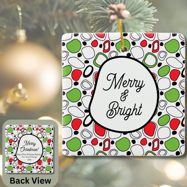 Fyrkantig keramisk julgransprydnad – personlig tex keramik (Personalized Holiday Ornament - Message on Front With Greeting, Family Name, and Year on Back)