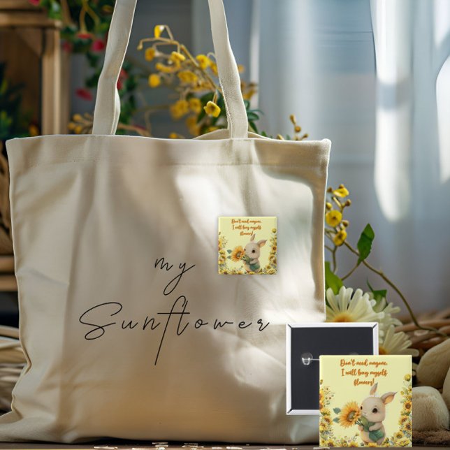 Fyrkantig knapp | Söt kanin som håller solros (Skapare uppladdad)