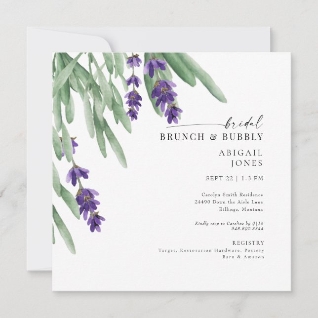 Fyrkantig lila bröllopsbrunch & Bubbly Shower Inbjudningar (Framsida)