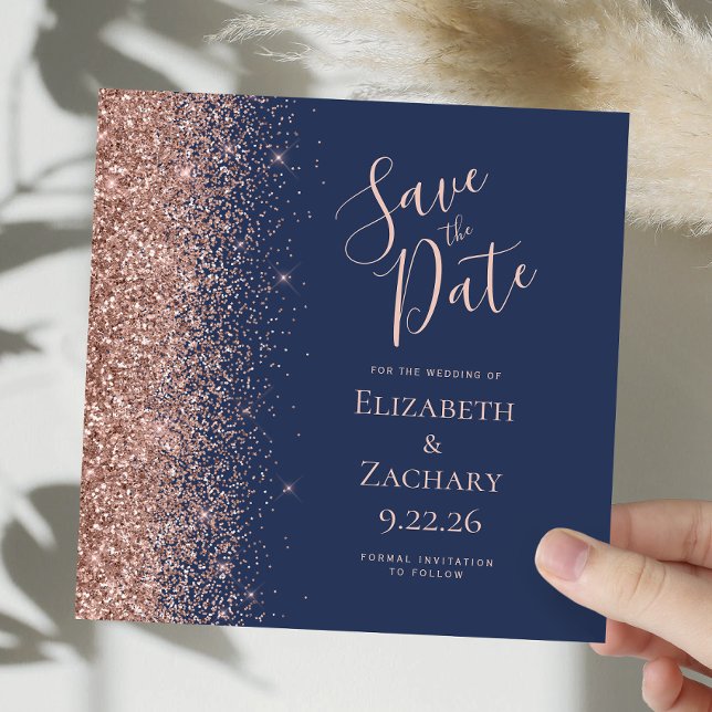 Fyrkantig Marinblå Rosa Guld Save the Date Meddelande (Skapare uppladdad)