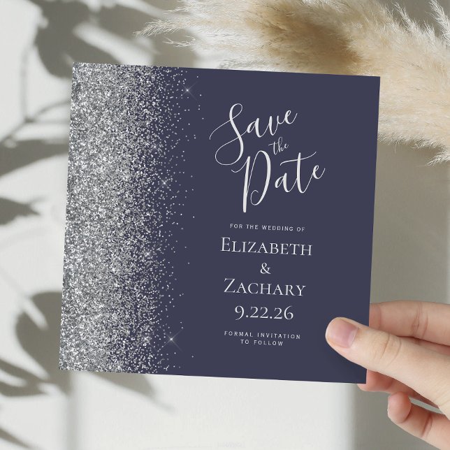 Fyrkantig Mörkblå Silverglitter Save the Date Meddelande (Skapare uppladdad)
