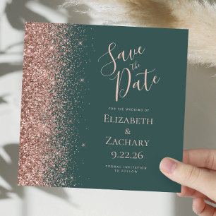 Fyrkantig mörkgrön roséguld Save the Date Meddelande
