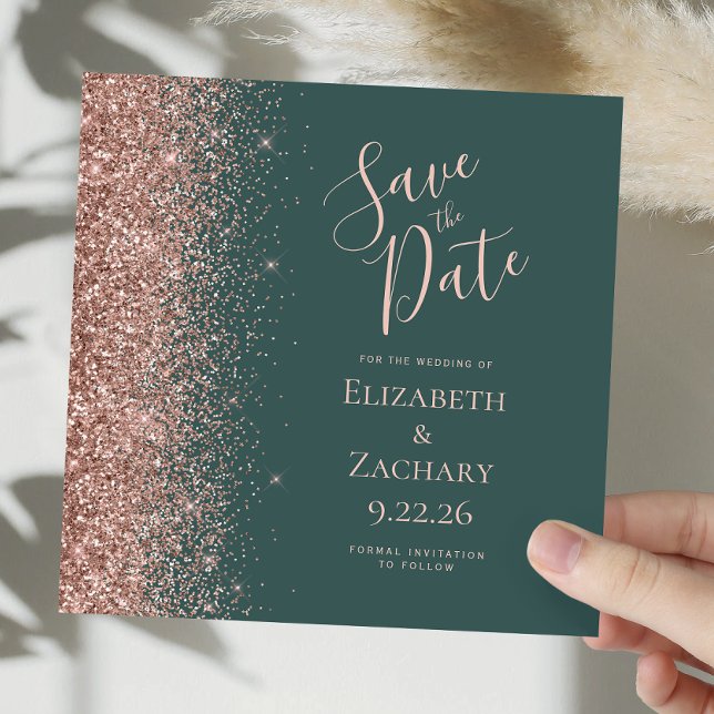Fyrkantig mörkgrön roséguld Save the Date Meddelande (Skapare uppladdad)
