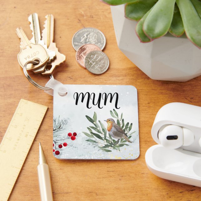 Fyrkantig nyckelring med julklarrobin (Skrivbord)