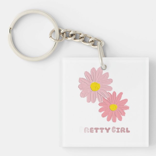 Fyrkantig nyckelring med rosa tusenskönsblommor (Framsidan)