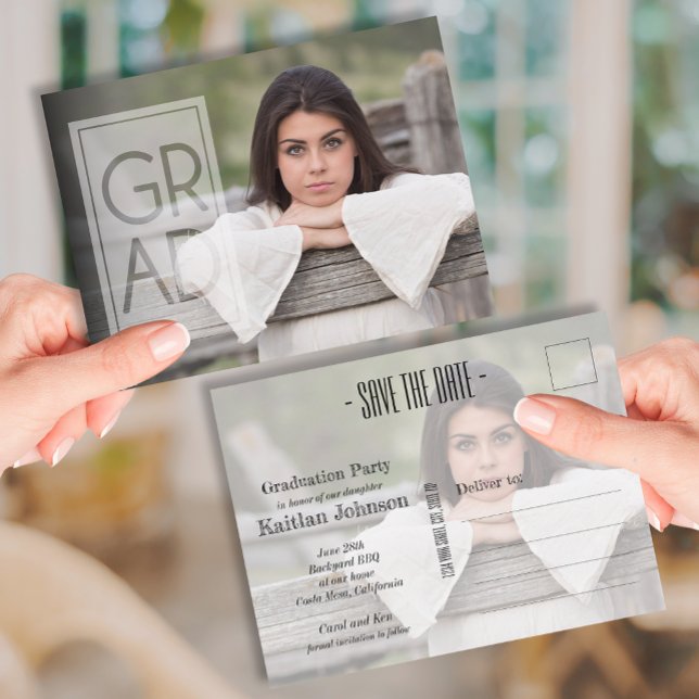 Fyrkantig övertäckning Foto Studenten Spara datum Vykort (Square GRAD overlay photo graduation Save the Date Postcards)