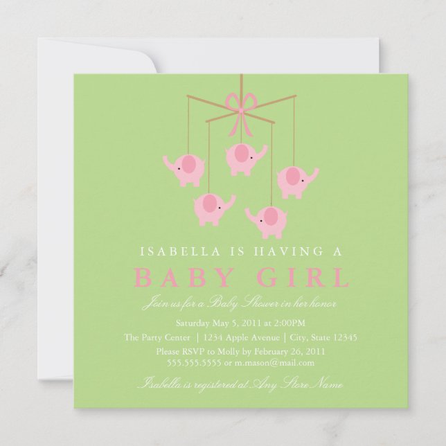 Fyrkantig Rosa Elefant Mobil Barnkalas Inbjudan (Framsida)