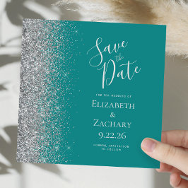 Fyrkantig Teal Blå Silver Glitter Spara Datumet Meddelande