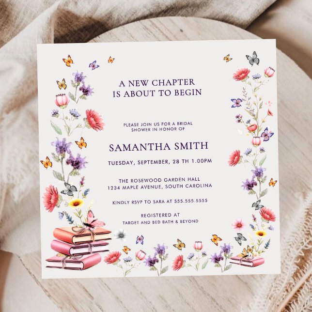 Fyrkantig vallmo & lavendel boktema bröllopsdusch inbjudningar (Square poppy & lavender bridal shower invitation — elegant floral storybook design.)