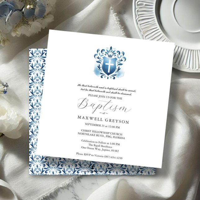 Fyrkantiga baptisminbjudningar, Religiösa blå Vape Inbjudningar (Square Baptism Invitations dusty blue watercolor cross Victoria Grigaliunas Do Tell A Belle)