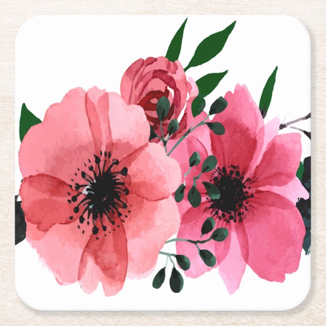 Fyrkantiga Pappra Underlägg med stora Rosa Flowers Papper Kvadrat (Framsidan)