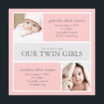 Fyrkantiga Twillingar, kollage | Födelsemeddelande Meddelande<br><div class="desc">Tvilling flicka-födelseannonseringssamlingsplats har två punkter för foton av dina nya paket vid sidan av deras födelseinformation. Lägg till ditt namn på baksidan eller ta bort och lämna tomt.</div>