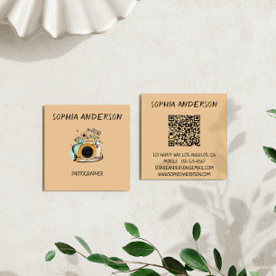 Fyrkantigt blomsterkamera för fotograf med QR-kod  Visitkort