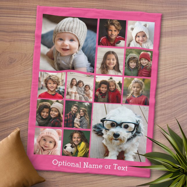 Fyrkantsamling - Upp till 14 foton Rosa Fleecefilt (Personalized Fleece Blanket - Add Photos and Text or Customize completely in advanced design area)