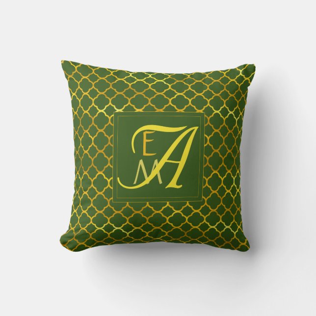 Fyrklöver MONOGRAM Grön Guld Nygifta Bröllop Kudde (Framsida)