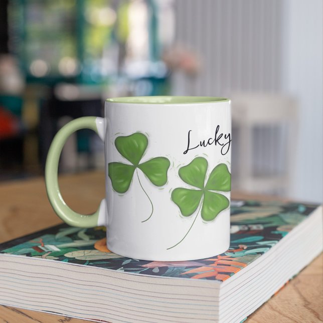 Fyrklöver Personlig för Cute Grönt Mugg (Four leaf clover two toned custom mug)