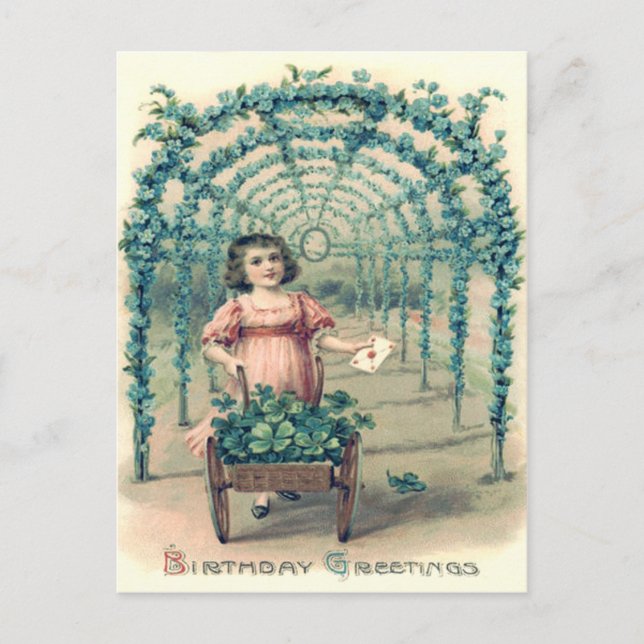 Fyrklövert bortglömd-Me-not-Girl Wheelbarrow Vykort (Framsida)