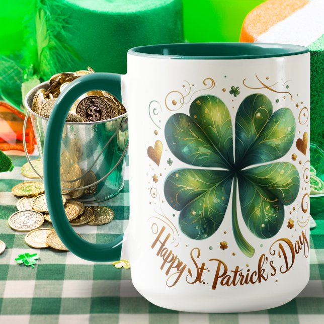 Fyrklövra Grönten och Guld St patrick's day Mugg (Four Leaf Clover Green and Gold St Patrick's Day Mug)