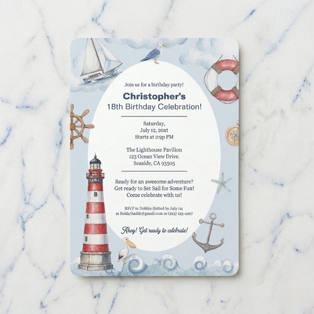 Fyrkustens födelsedagsfirande inbjudningar (Classic nautical party vibes.)
