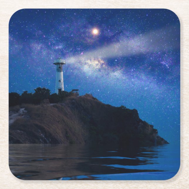 Fyrskåp | Starry Night Lighthouse Underlägg Papper Kvadrat (Framsidan)