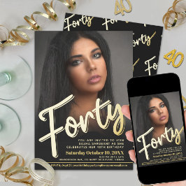 Fyrtio 40:e födelsedagsfotoskript platt guld färg inbjudningar
