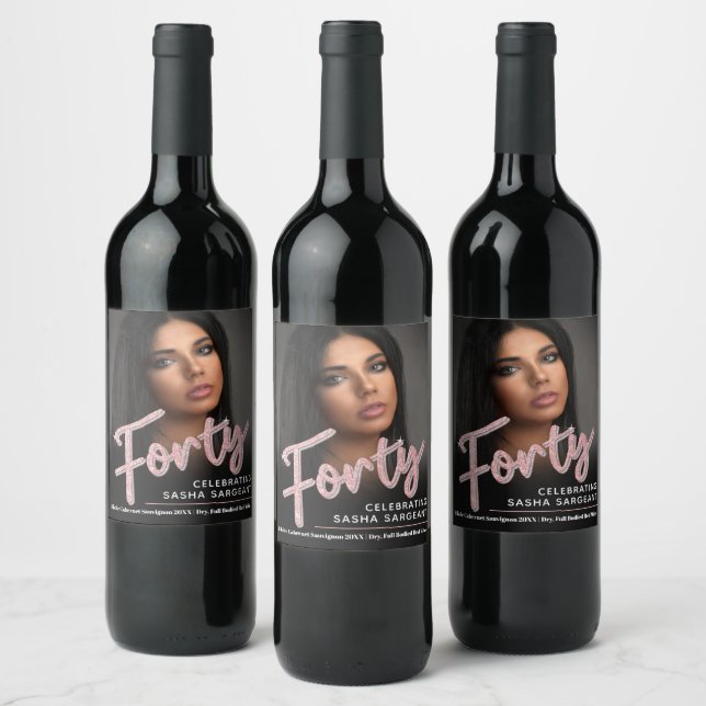 Fyrtio 40:e födelsedagsfotoskriptet glitter rosa vinflaska etikett (Flaskor)