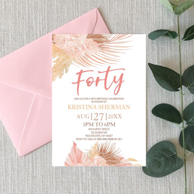 Fyrtio Boho Rosa Blommigt 40:e födelsedagen Party Inbjudningar (Skapare uppladdad)