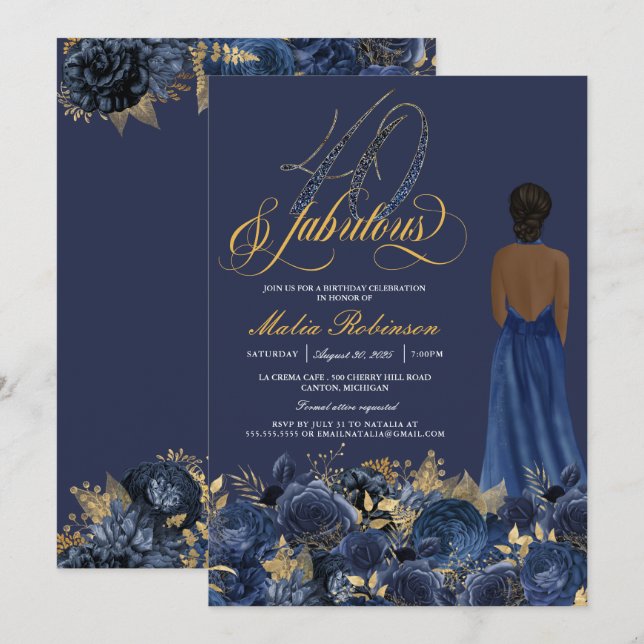 Fyrtio & Fabulous Elegant Sapphire Formal Birthday Inbjudningar (Fram/baksida)