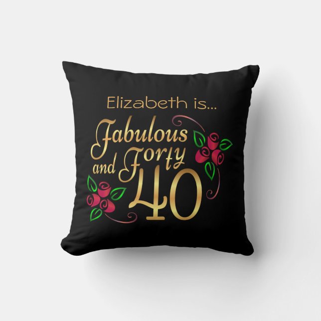 Fyrtio Fabulous Guld Black Röd ros Birthday Kudde (Framsida)