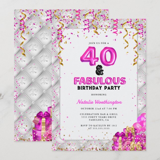Fyrtio Fabulous Guld Rosa 40:e födelsedagen Inbjudningar (Fram/baksida)