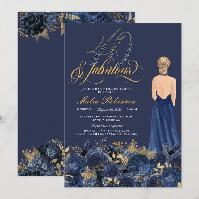 Fyrtio & Fabulous Sapphire Blue & Guld Birthday Inbjudningar (Fram/baksida)