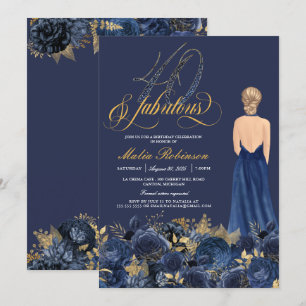Fyrtio & Fabulous Sapphire Blue & Guld Birthday Inbjudningar