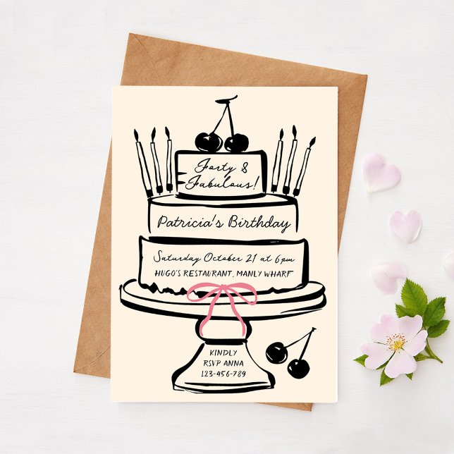 Fyrtio & Fantastiskt, Handritad Modern Tårta Inbjudningar (Skapare uppladdad)