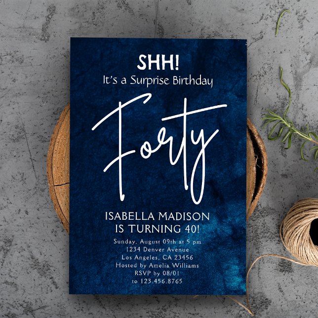 Fyrtio | Flottblått 40:e födelsedag Party Inbjudningar (Forty | Navy Blue 40th Birthday Surprise Party Invitation
)
