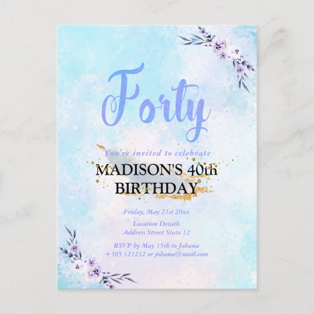 Fyrtio Födelsedagsfester vattenfärg Pastel Vykort (Framsida)