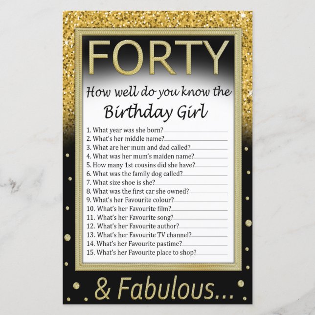 Fyrtio Hur väl känner du till födelsedagsflickan? (Framsida)