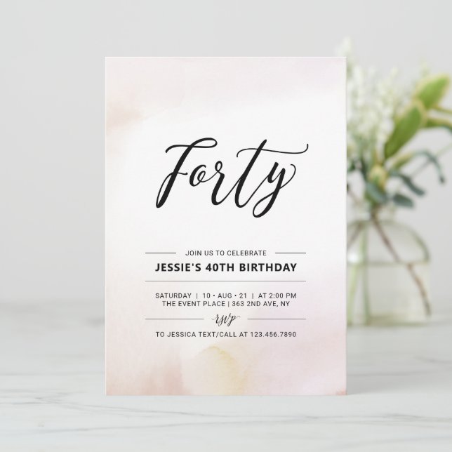 Fyrtio | Minimal 40-års födelsedagsfest Watercolor Inbjudningar (Stående Fram)