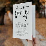 Fyrtio | Modern 40:e plats i svartvitt Inbjudan<br><div class="desc">Den här moderna, svarta och vita, 40-åriga festinbjudan har klassvis modern typografi. Ord "fyrtio" visas i skriptet stil calligraphy. Perfekt för att ange snyggtens ton för ett underbart firande med fyrtio födelsedagsfester. Det är lätt att anpassa färg-systemet i inbjudan - både bakgrunden och typografin - så att man kan känna...</div>